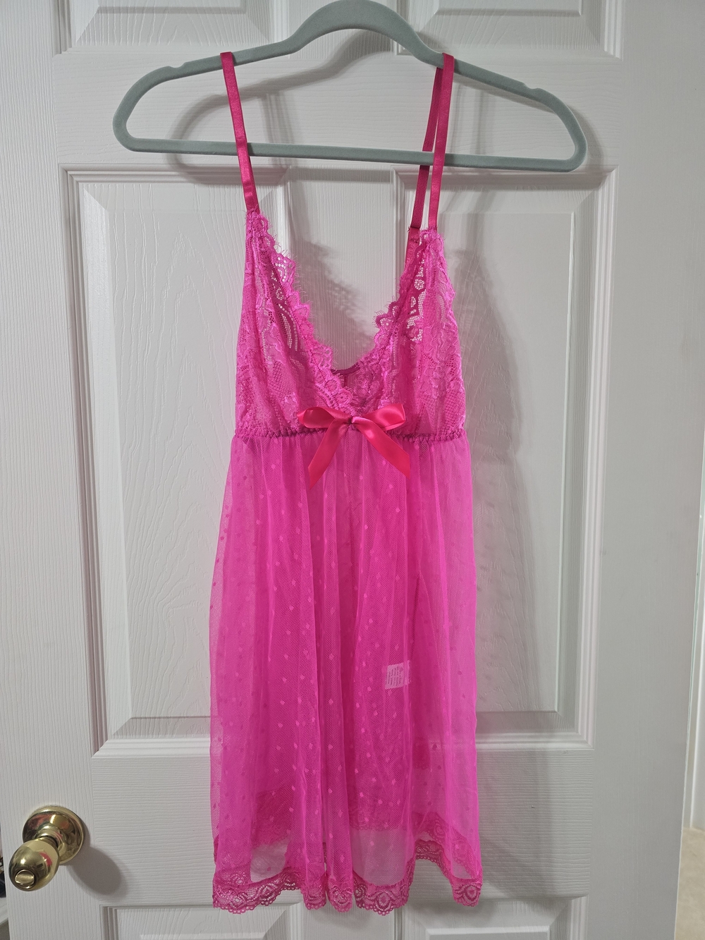 New Never Worn Sheer Lace & Mesh Babydoll Nightgown - Hot Pink